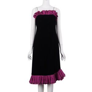 VINTAGE 80s Mary Jane Denzer Dress 10 Black Velvet Ruffle Trim Sleeveless Party
